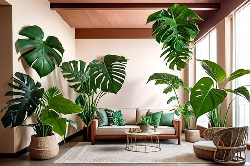 Prompt: The Power of Plants in Tropical Interior Design, inclding Monstera Deliciosa, Ficus Lyrata, Palmier d'Areca, Alocasia, Philodendron. 