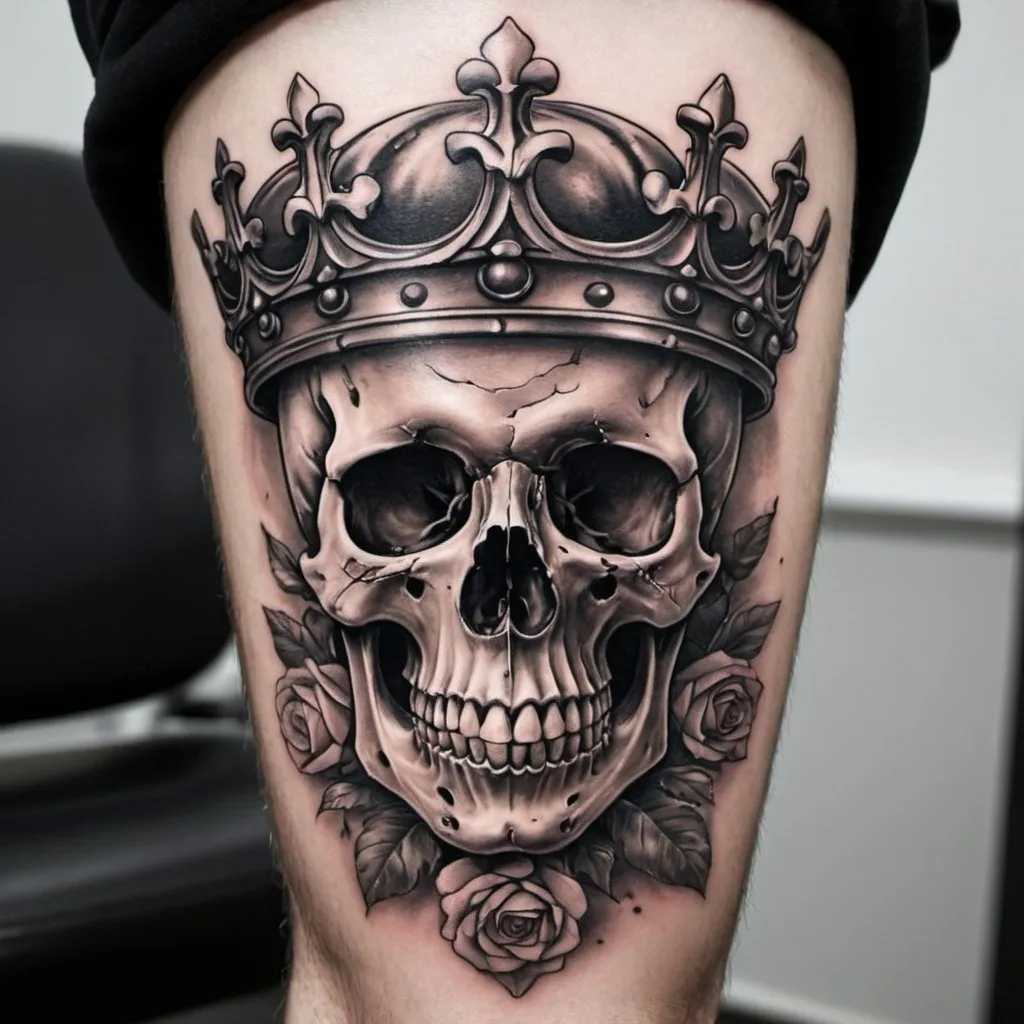 Prompt: Calf Renaissance crowned skull tattoo in full hd 