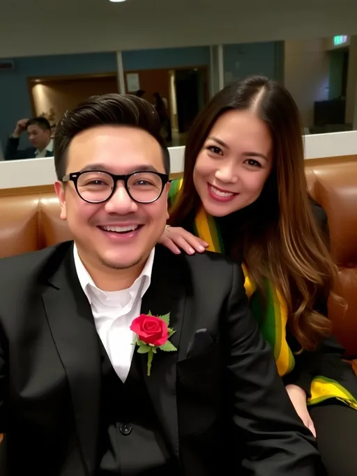 Prompt: A man and a woman share a close, joyful moment, smiling warmly at the camera. The man, dressed in a black suit with a white shirt, wears round glasses and has a playful expression, accented by a red rose pinned to his lapel. The woman, on his shoulder, sports a black outfit complemented by a vibrant yellow and green scarf, her long hair cascading elegantly. They are seated in a cozy, indoor setting with soft lighting, visible brown leather seating in the background that conveys an atmosphere of intimacy and celebration. The scene captures a sense of warmth and connection, reflecting their happiness and comfort with each other.