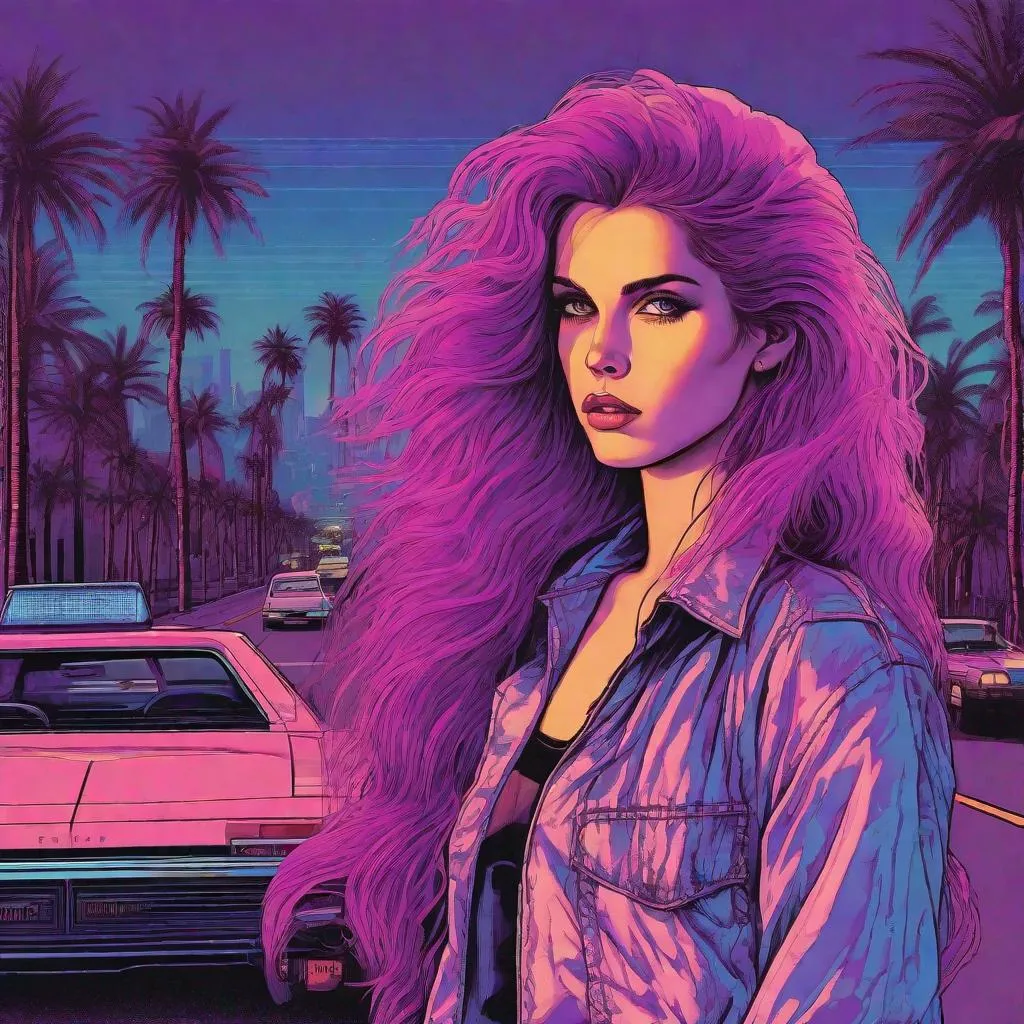 Prompt: retro 80s art, 1980s woman with long, wavy purple hair, blue eyes, palm trees on the side of the road, retro art, synthwave, city view in the background, highly detailed