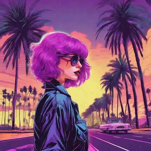 Prompt: retro 80s art, 1950s vintage woman with purple hair, blue eyes, palm trees on the side of the road, retro art, synthwave, city view in the background, highly detailed