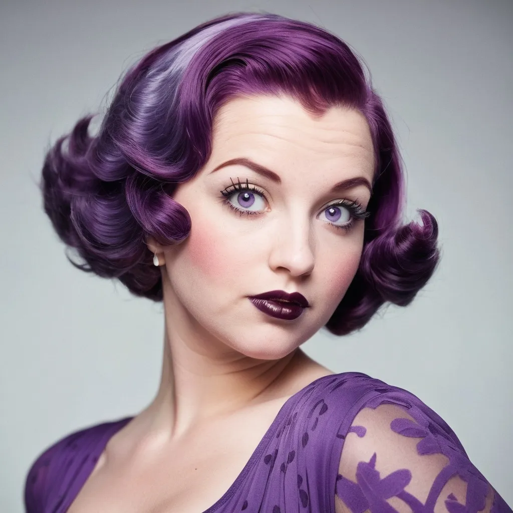 Prompt: 1950s woman. curvy. purple hair. gray eyes.