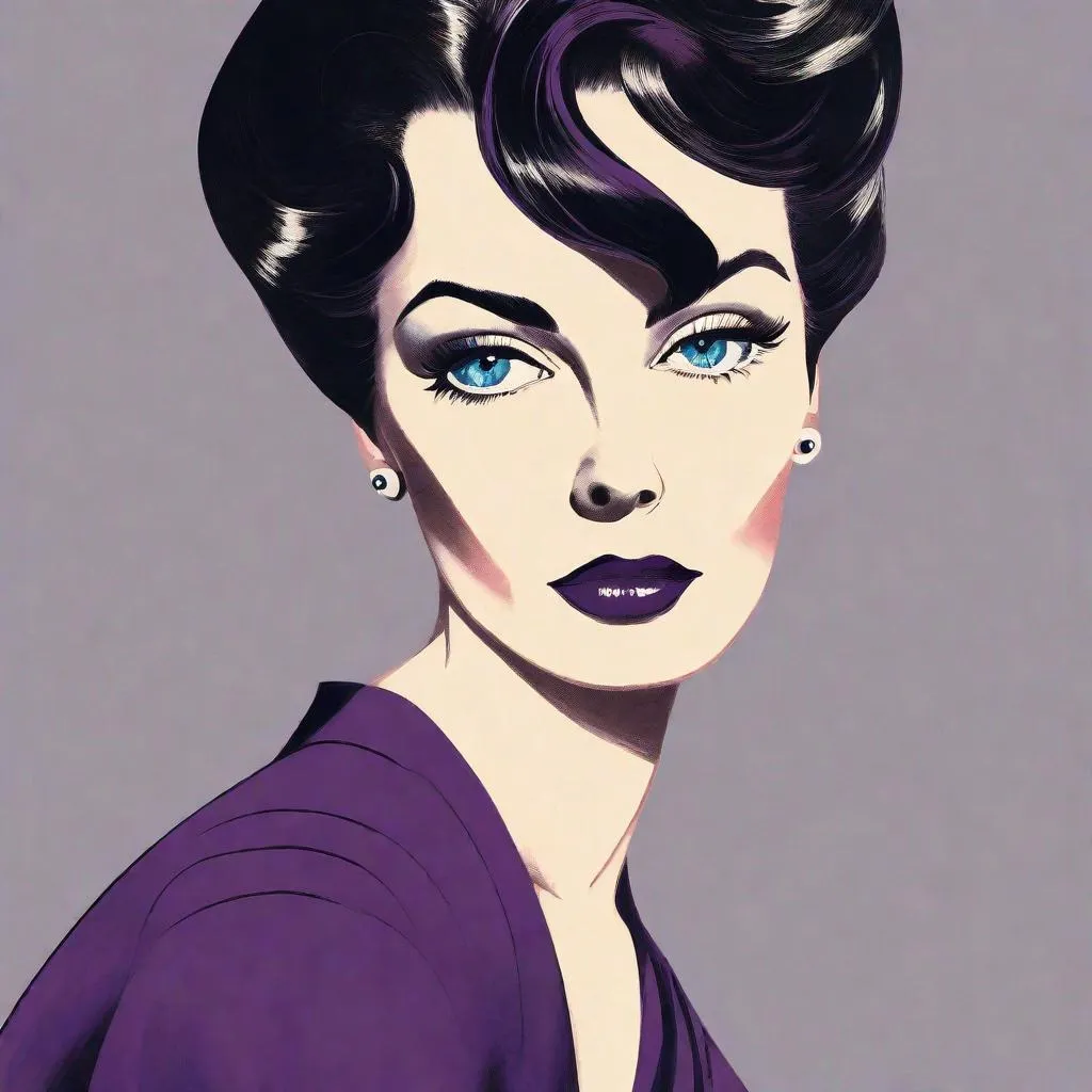 Prompt: handsome woman on the first page of magazine, 50's editorial color illustration. dark purple hair, blue eyes, symmetrical eyebrows