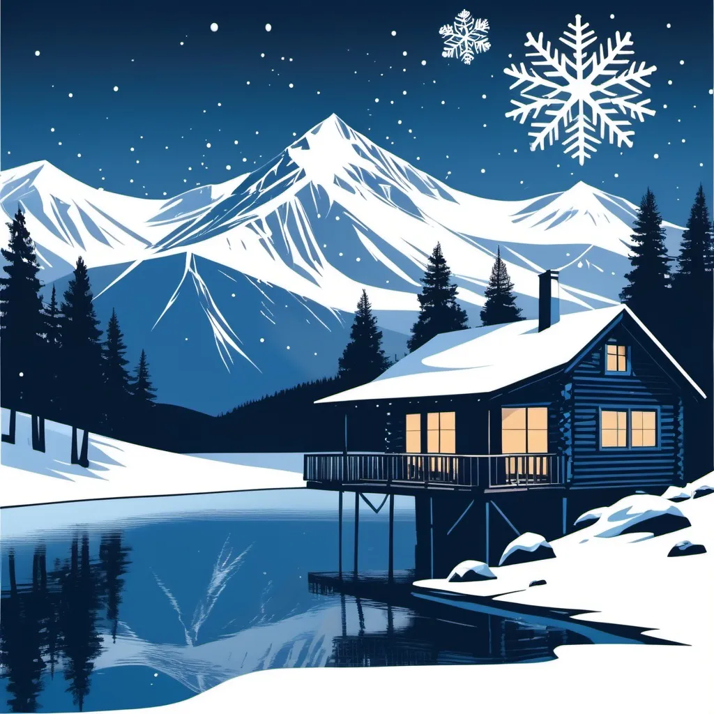 Prompt: Snowflakes falling over cabin with mountain backdrop and lake in foreground vector illustration style in blues and whites