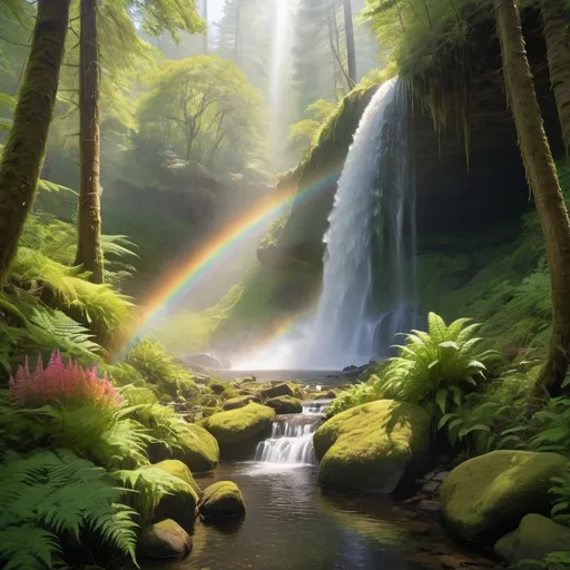 Prompt: A hidden waterfall cascades down moss-covered rocks in a sun-dappled forest. Lush ferns and wildflowers thrive around the base, and a rainbow shimmers in the mist rising from the falls, cinematic lighting