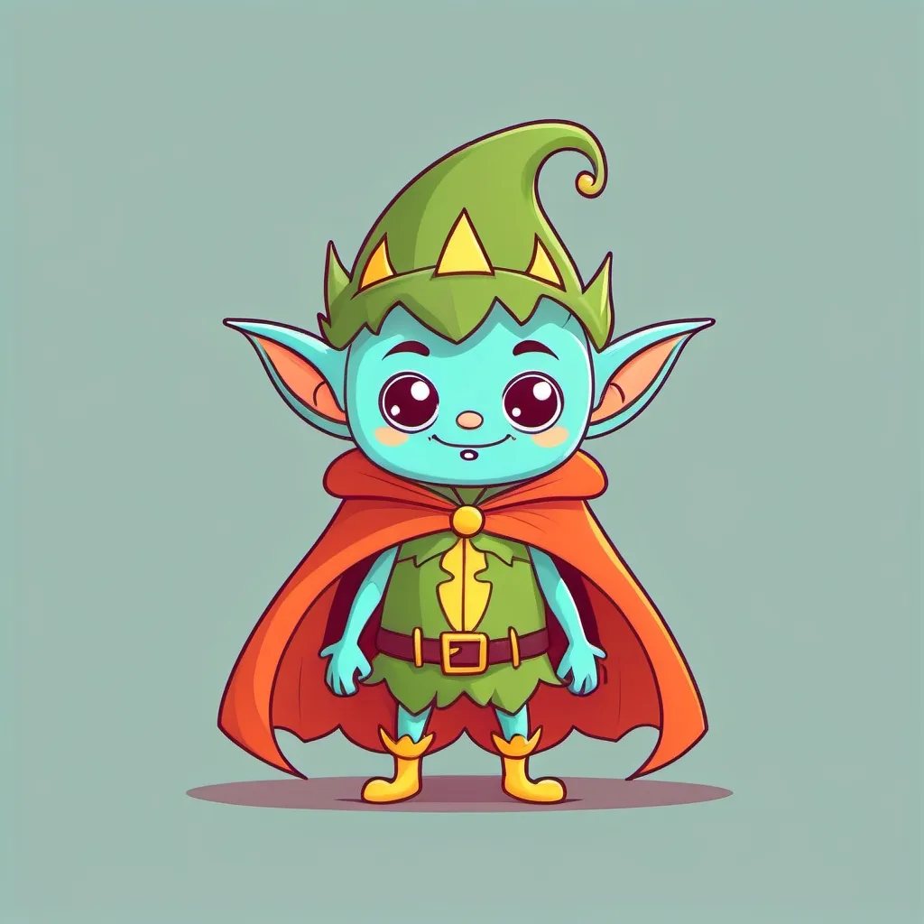 Prompt: Cute little elf monster with a cape, flat drawing, cartoon