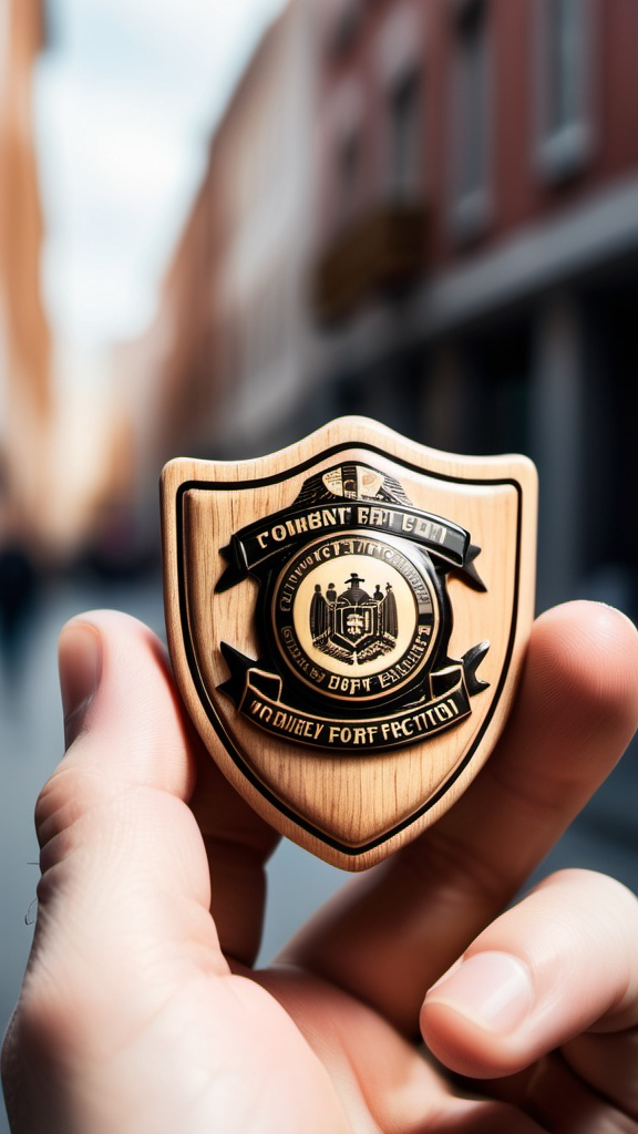 Prompt: long shot of  a Hand holding a badge for protection, badge in wood colour. Backgound blurred image of buildings