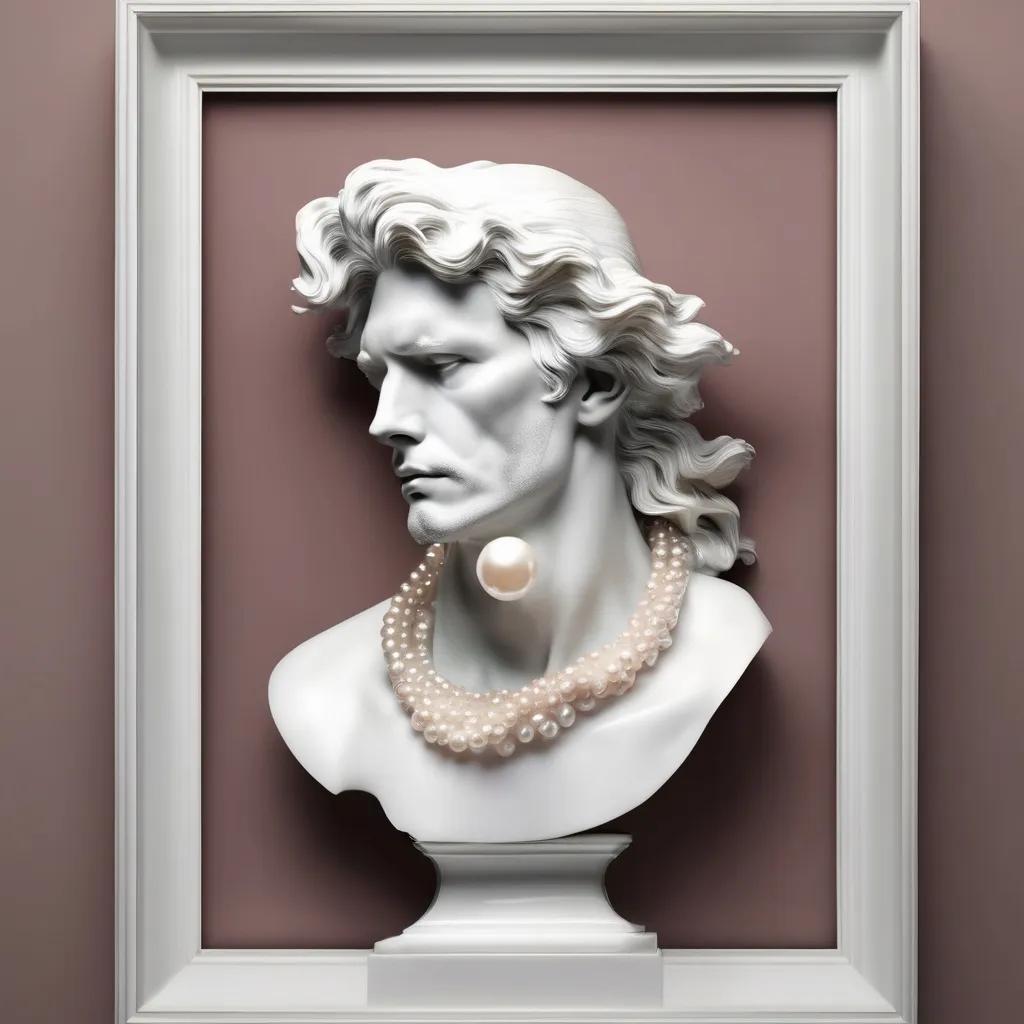 Prompt: a statue of a man with long hair and a pearl necklace on his neck, in a shell like frame, Alberto Seveso, hyperrealism, 3 d model, a marble sculpture