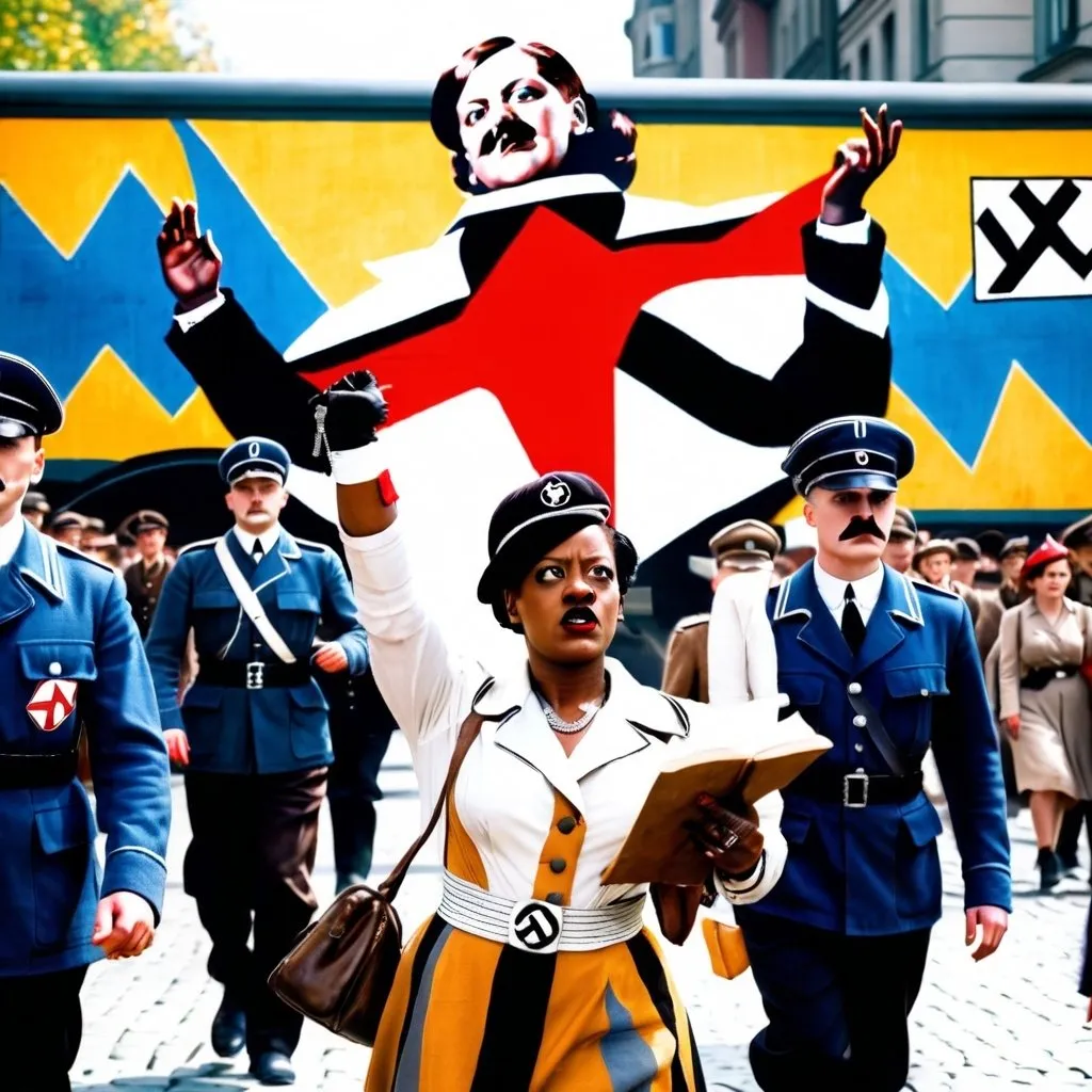 Prompt: Viola Davis dressed as Hitler walking her Nazi troops down the streets of 1940s Berlin