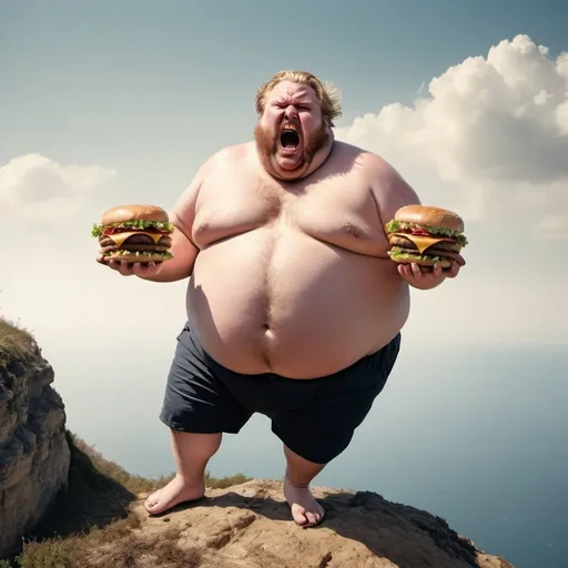 Prompt: angry morbidly obese man falling off cliff while holding giant hamburger  with both hands with the view we see him on the edge of the cliff with mouth open in rage blond with a sandy beard 