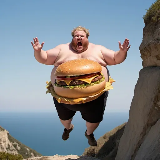 Prompt: angry morbidly obese man falling off cliff while holding giant hamburger  with both hands with the view we see him on the edge of the cliff with mouth open in rage blond with a sandy beard 