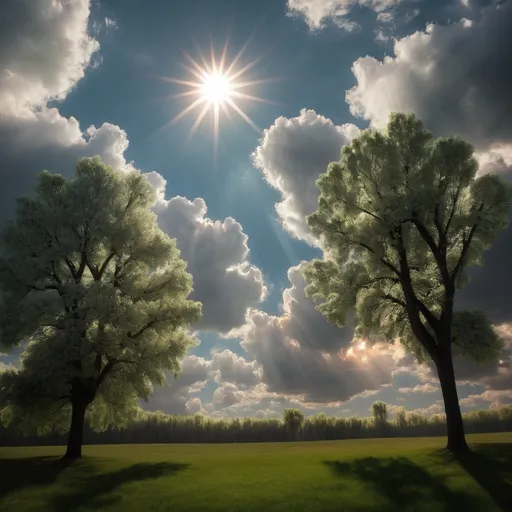 Prompt: clouds a sun and trees
