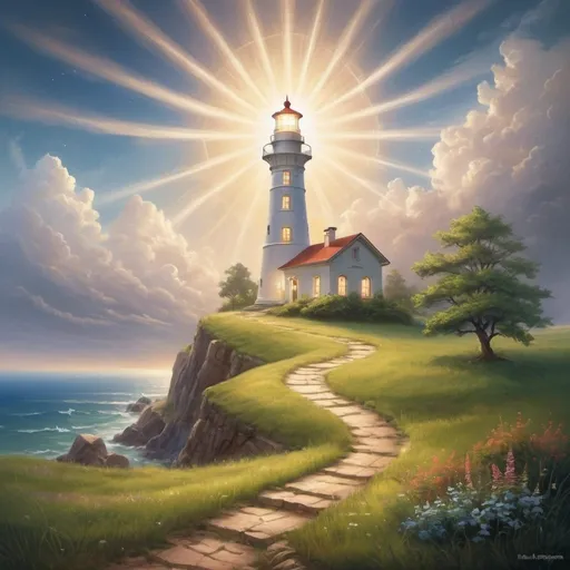 Prompt: Create an image of a spiritual lighthouse located in the countryside. The lighthouse should stand tall amidst a lush, green landscape with rolling hills and a clear, bright sky. The structure should emanate a mystical, divine glow, symbolizing a connection to the divine and spiritual enlightenment. Surround the lighthouse with elements that evoke a sense of spirituality and the divine, such as soft beams of celestial light, gentle clouds, and subtle, ethereal auras. The atmosphere should be serene, inspiring, and imbued with a sense of deep spirituality and divine presence.