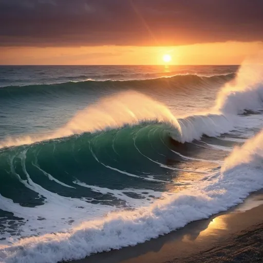 Prompt: A huge wave is coming. It is sunset on a beach.