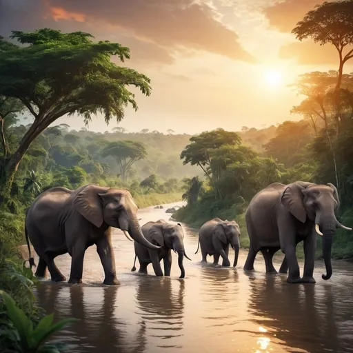 Prompt: The tropical jungle is mystical and full of wildlife and wild animals. The sun is setting. A river is visible. A herd of elephants March through the river.