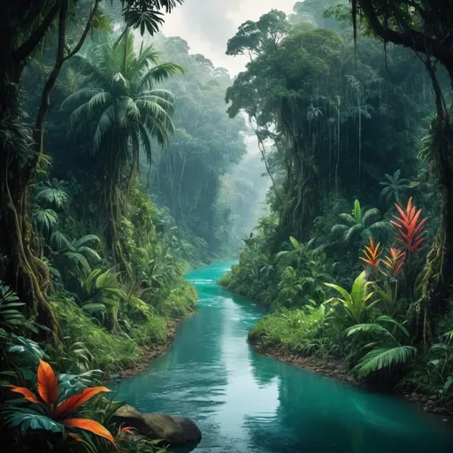 Prompt: A river runs in the center of the image. Either side of the river are very similar but complete opposites at the same time. The left side is beautiful and tropical and full of vibrant colour. The jungle is mystical looking and spooky.