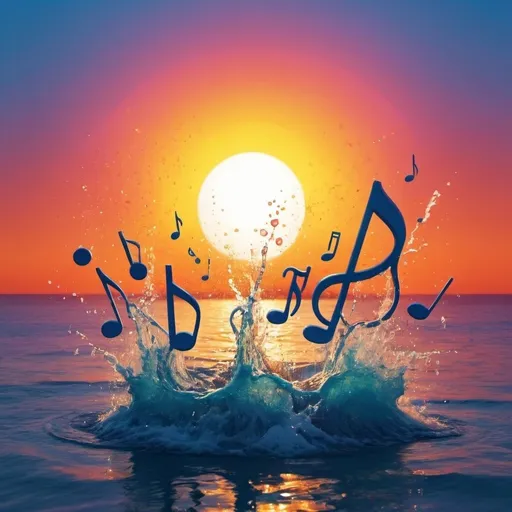 Prompt: A big splash. Sun sets. Musical notes, Psychedelic 