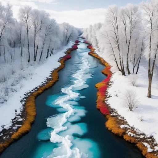 Prompt: A river runs in the center of the image. Either side of the river are very similar but complete opposites at the same time. The left side is beautiful and tropical and full of vibrant colour. The right side of the river is also beautiful but freezing cold and the trees are arctic looking.