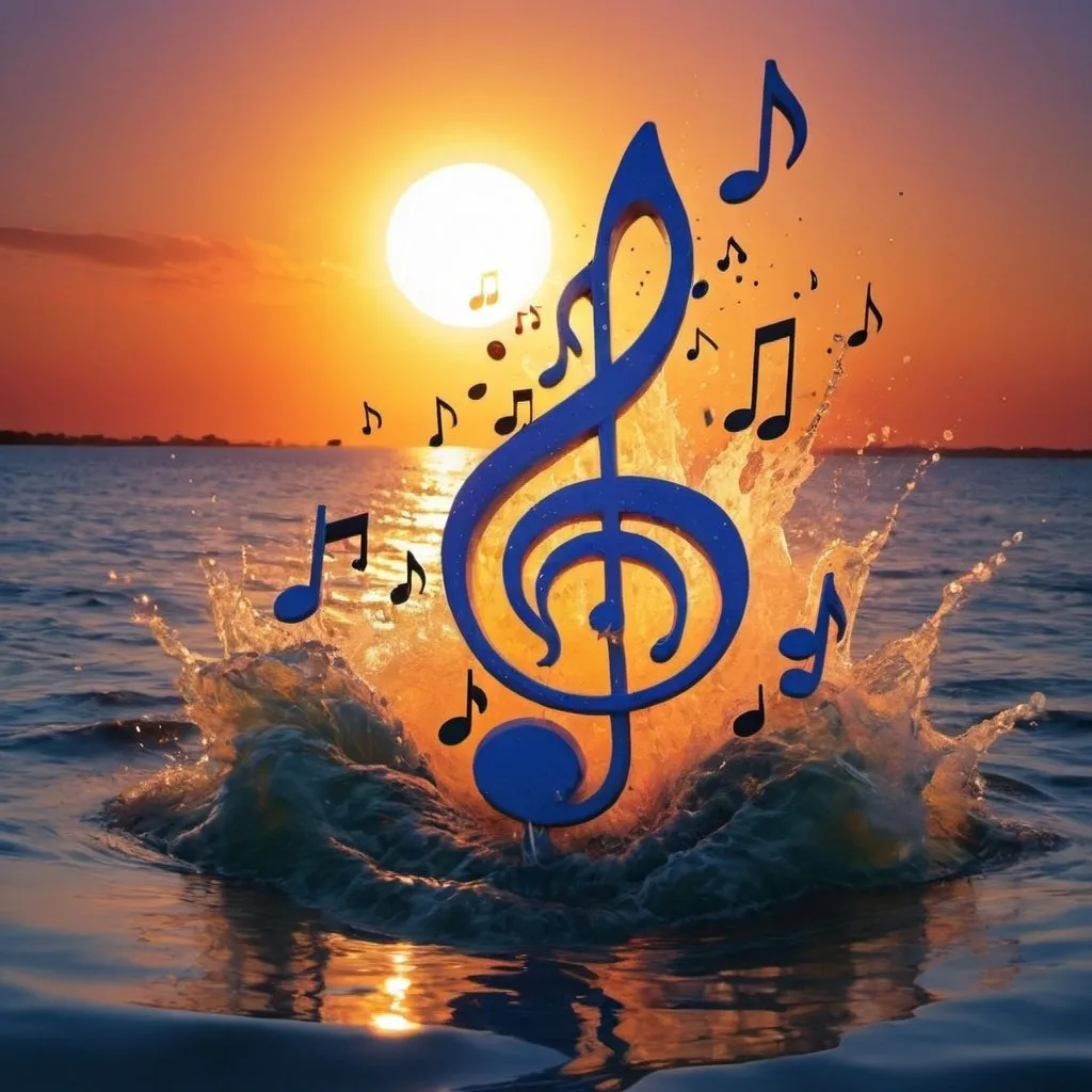 Prompt: A big splash. Sun sets. Musical notes, Psychedelic 