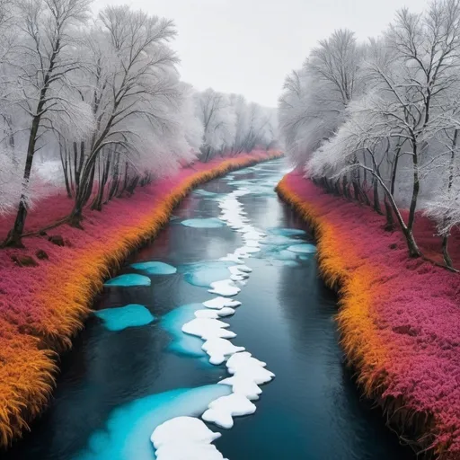 Prompt: A river runs in the center of the image. Either side of the river are very similar but complete opposites at the same time. The left side is beautiful and tropical and full of vibrant colour. The right side of the river is also beautiful but freezing cold and the trees are arctic looking.