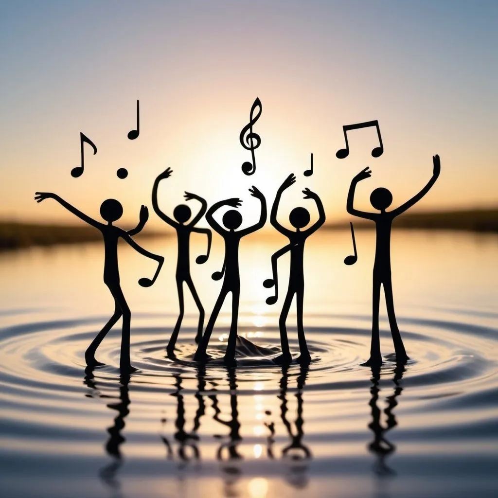 Prompt: music notes made of water are dancing on the page with dancing stickmen made of water. The background is swirling water and sunset 