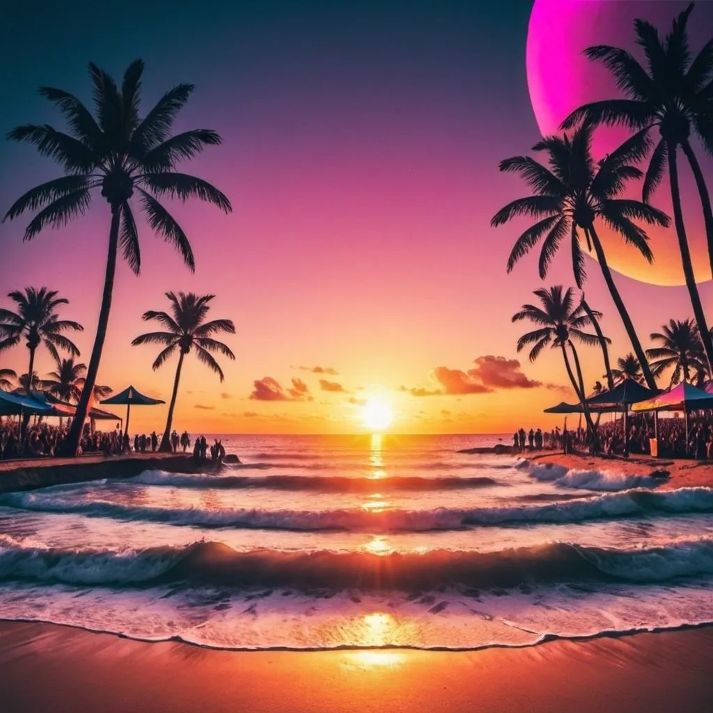 Prompt: Lots of images relating to rave music all compete for space on the page. The setting is sunset at a beach.