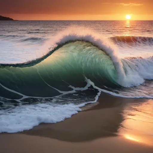 Prompt: A tidal wave. It is sunset on a beach.