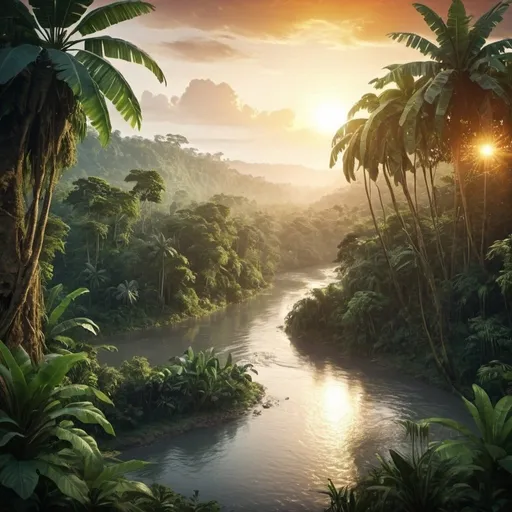 Prompt: The tropical jungle is mystical and full of wildlife and wild animals. The sun is setting. A river is visible.