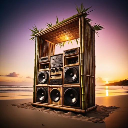 Prompt: A huge soundsystem made of bamboo sits on a beach. Sunset. Psychedelic. Tropical. Melting