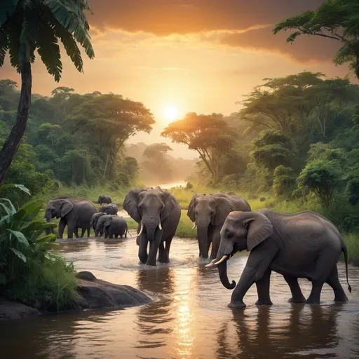 Prompt: The tropical jungle is mystical and full of wildlife and wild animals. The sun is setting. A river is visible. A herd of elephants March through the river.