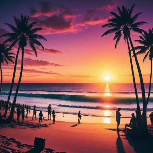 Prompt: Lots of images relating to rave music all compete for space on the page. The setting is sunset at a beach.