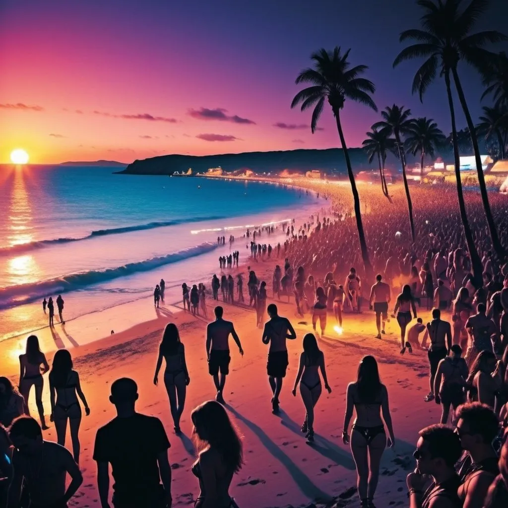 Prompt: Lots of images relating to rave music all compete for space on the page. The setting is sunset at a beach.