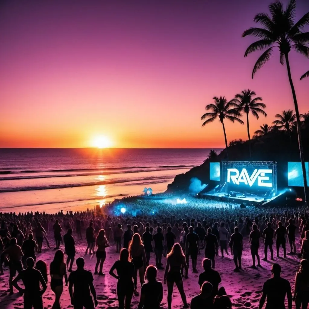 Prompt: Lots of images relating to rave music all compete for space on the page. The setting is sunset at a beach.