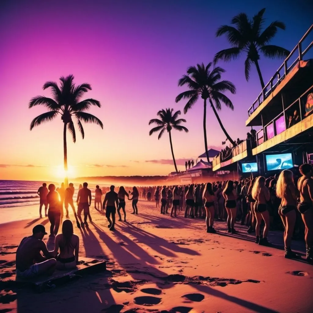 Prompt: Lots of images relating to rave music all compete for space on the page. The setting is sunset at a beach.