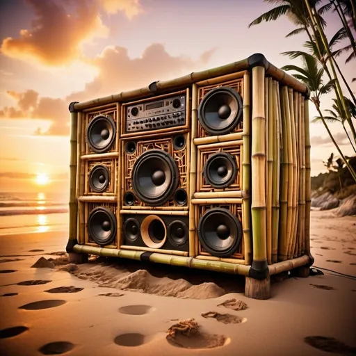 Prompt: A huge soundsystem made of bamboo sits on a beach. Sunset. Psychedelic. Tropical. Melting