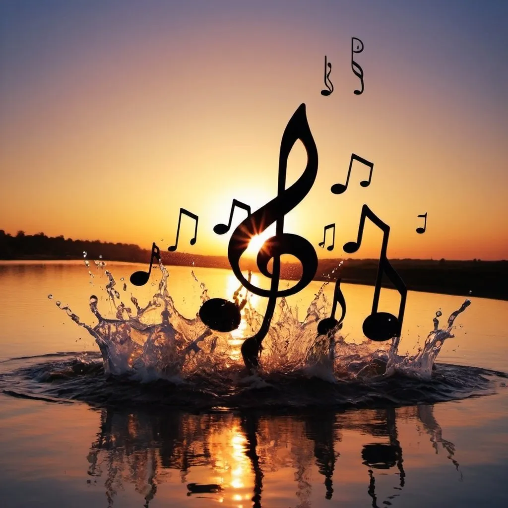 Prompt: A big splash. Sun sets. Musical notes, Psychedelic 