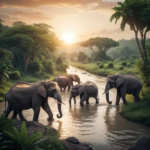 Prompt: The tropical jungle is mystical and full of wildlife and wild animals. The sun is setting. A river is visible. A herd of elephants March through the river.