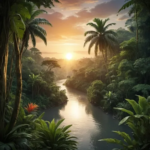 Prompt: The tropical jungle is mystical and full of wildlife and wild animals. The sun is setting. A river is visible.