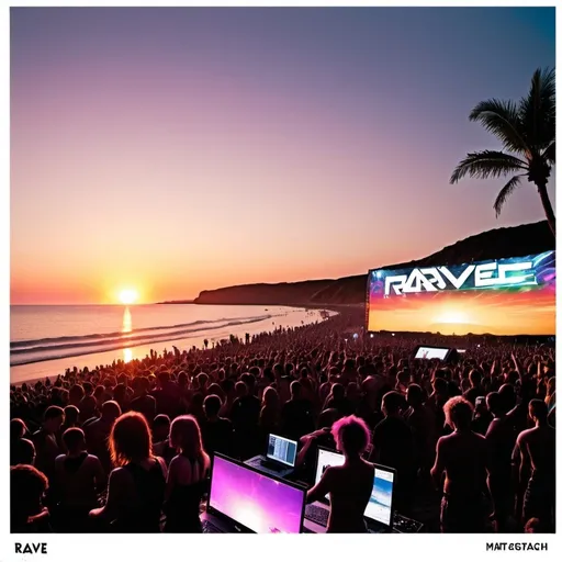 Prompt: Lots of images relating to rave music all compete for space on the page. The setting is sunset at a beach.