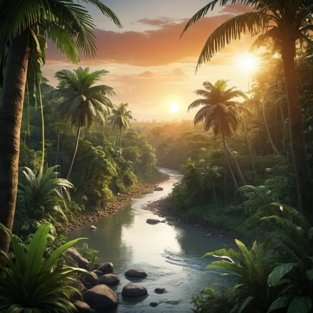 Prompt: The tropical jungle is mystical and full of wildlife and wild animals. The sun is setting. A river is visible.