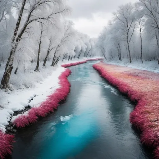 Prompt: A river runs in the center of the image. Either side of the river are very similar but complete opposites at the same time. The left side is beautiful and tropical and full of vibrant colour. The right side of the river is also beautiful but freezing cold and the trees are arctic looking.