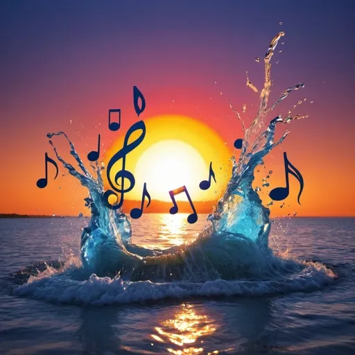 Prompt: A big splash. Sun sets. Musical notes, Psychedelic 