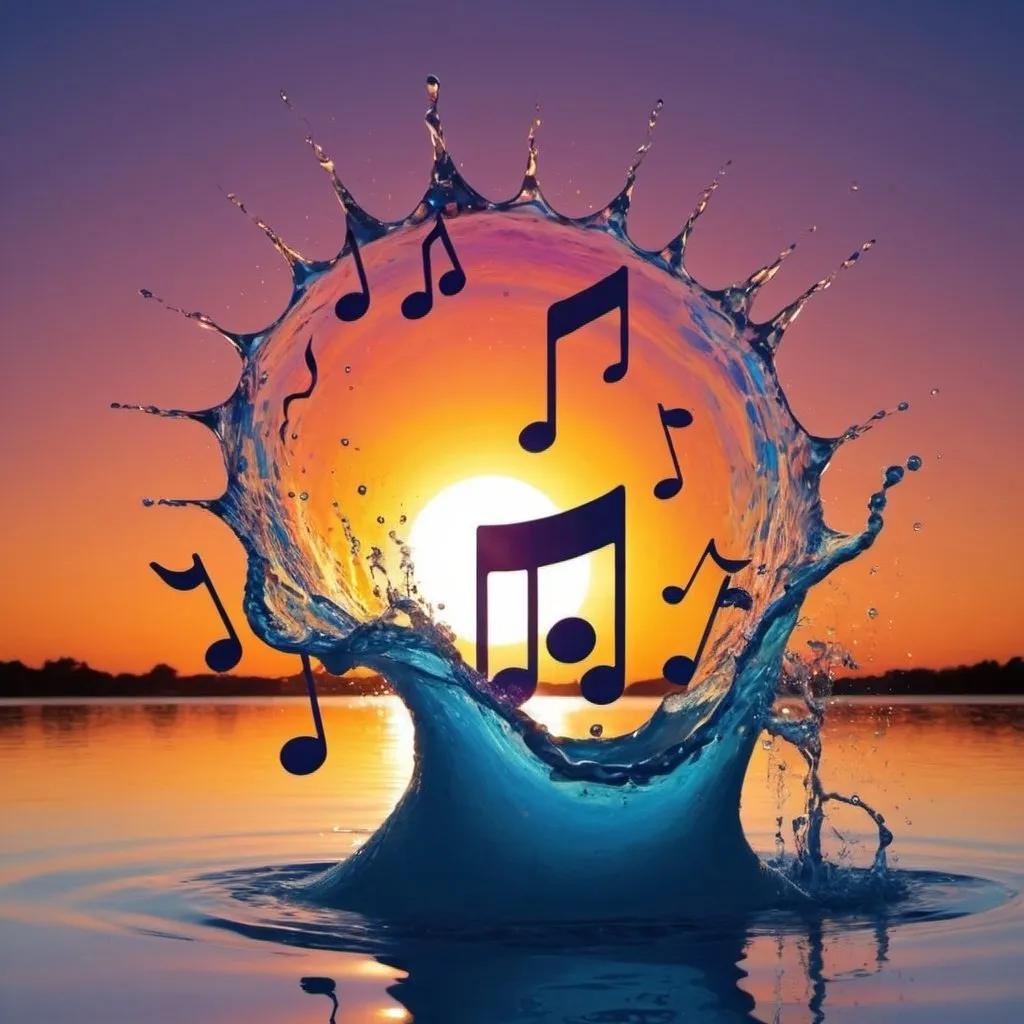 Prompt: A big splash. Sun sets. Musical notes, Psychedelic 