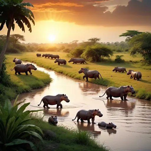 Prompt: The tropical jungle is mystical and full of wildlife and wild animals. The sun is setting. A river is visible. A pride of lions stalk theor territory. A group of hippos march through the river.