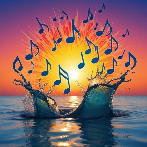 Prompt: A big splash. Sun sets. Musical notes, Psychedelic 