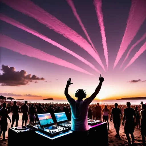 Prompt: Lots of images relating to rave music all compete for space on the page. The setting is sunset at a beach. A Dj is playing to the crowd.