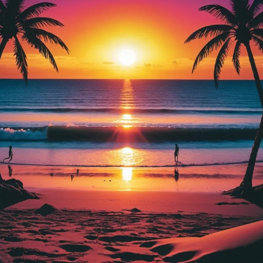 Prompt: Lots of images relating to rave music all compete for space on the page. The setting is sunset at a beach.