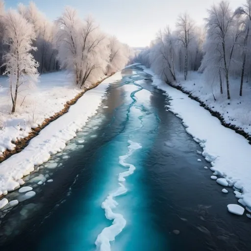 Prompt: A river runs in the center of the image. Either side of the river are very similar but complete opposites at the same time. The left side is beautiful and tropical and full of vibrant colour. The right side of the river is also beautiful but freezing cold and the trees are arctic looking.