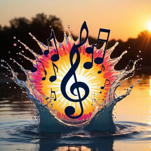 Prompt: A big splash. Sun sets. Musical notes, Psychedelic 