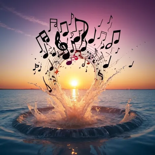 Prompt: A big splash. Sun sets. Musical notes, Psychedelic 